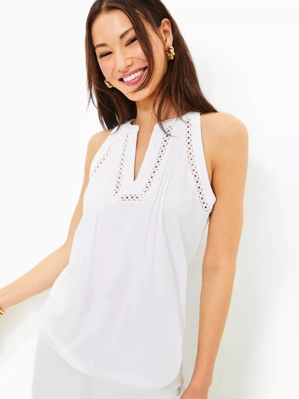 Lilly Pulitzer Women's Isaac Knit Top Tank Pintuck Resort Cotton White S 288105